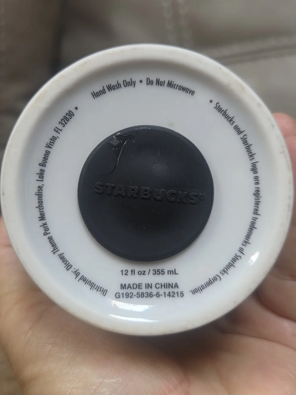 Disney Parks Starbucks White Ceramic Mug with Black Silicone Lid ~ Bin Q